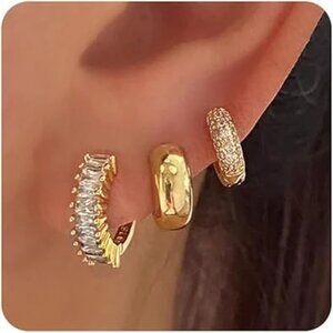 3 Pair 14K Gold Plated Small Hoop Earrings, Pave, Cubic Zirconia, Hypoallergenic